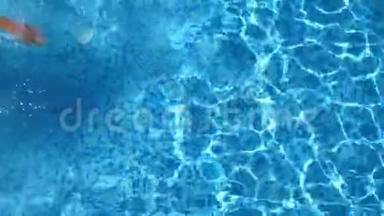 游泳运动员在清澈的蓝色水盆中游泳的俯视图。 令人难以辨认的年轻运动健将漂过泳池